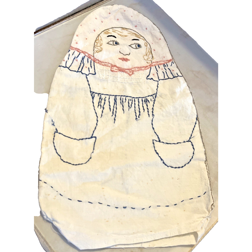 Antique Cloth Doll Embroidery Needlework Folk Art 15"